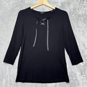 Tahari Shirt Womens Small Black Scoop Neck 3/4 Sleeve Lace Up Tunic Jersey Top